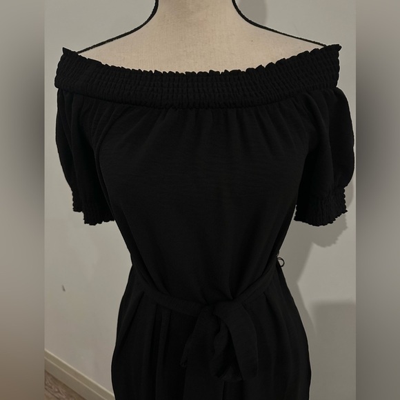 My style NWT black boho dress maxi tie waist off the shoulder pockets SZ S - Picture 2 of 6